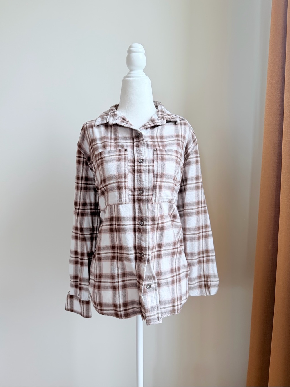 Cottagecore White & Brown Plaid Button-Up Top